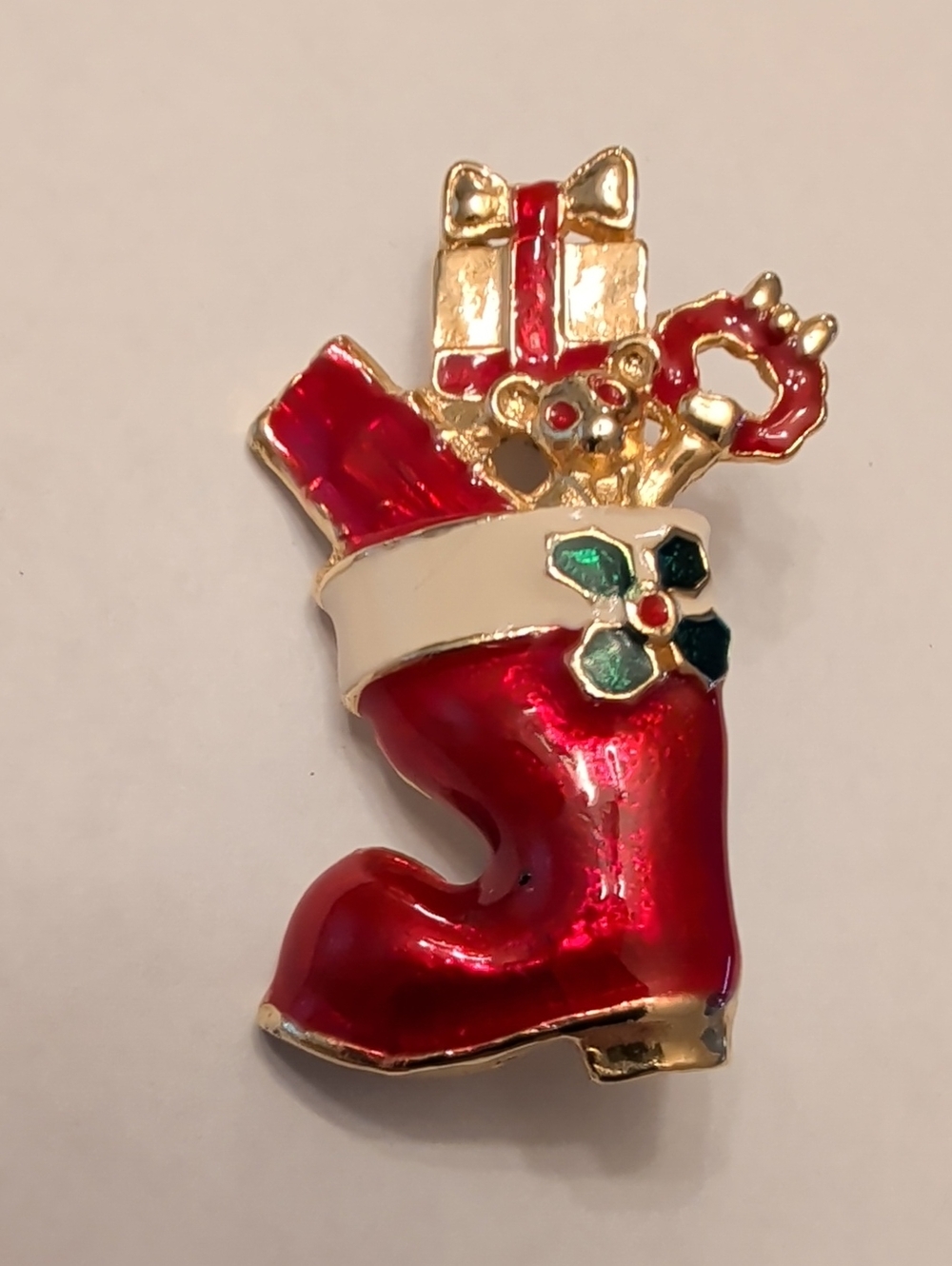 Red Holiday Stocking Brooch with Gold Accents
